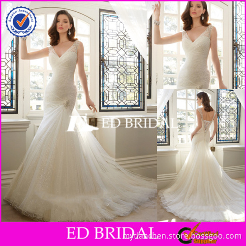 High Quality V Neckline Sleeveless Low Back Pleated Tulle Sequin Mermaid Wedding Dresses China